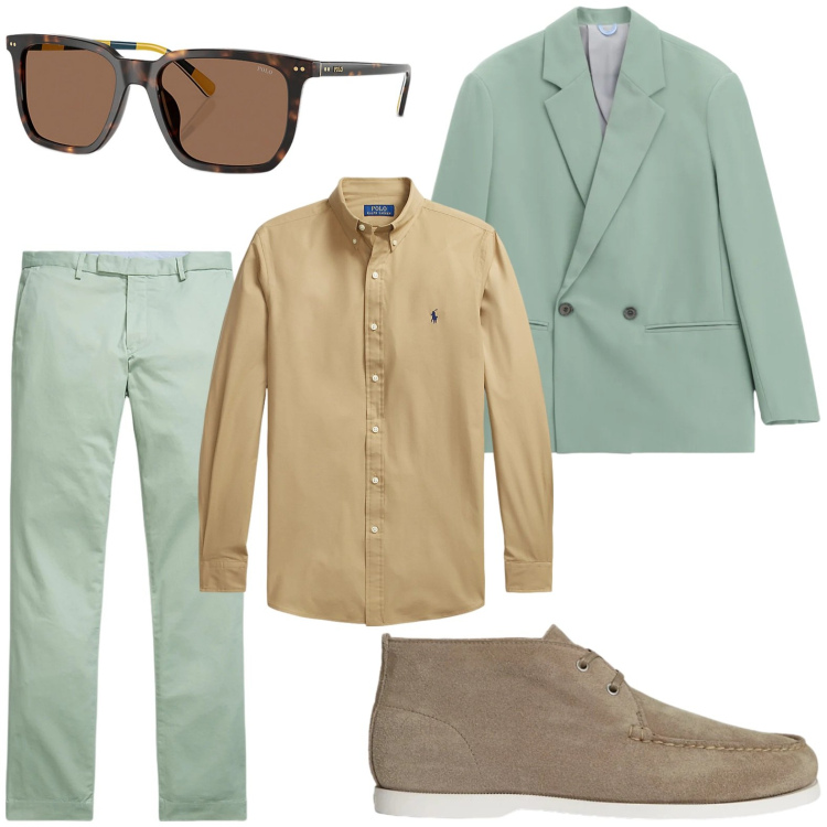 Outfit uomo - Completo verde acqua. Stile Casual per Ufficio. Abbinamento con giacche, camicie, pantaloni, scarpe stringate, occhiali da sole.