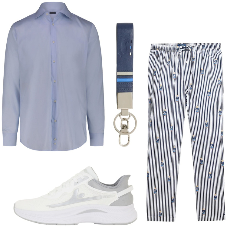 Outfit uomo - Vacanza time. Stile Casual per Tutti i giorni. Abbinamento con portachiavi, sneakers, camicie, pantaloni.