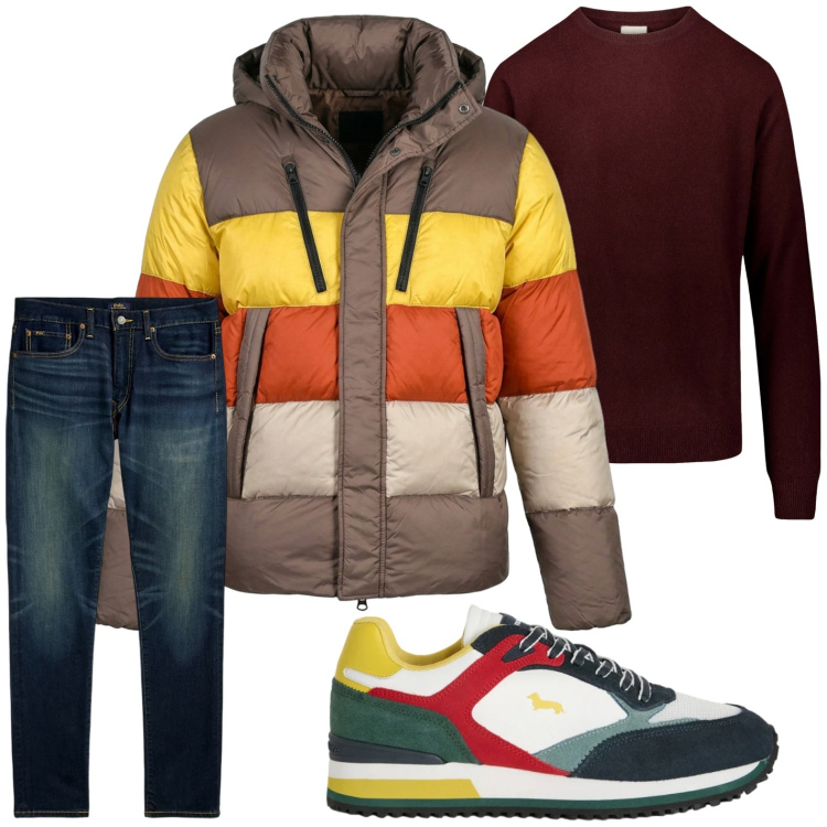 Outfit uomo - Colorato. Stile Casual per Tutti i giorni. Abbinamento con sneakers, maglieria, jeans, piumini.