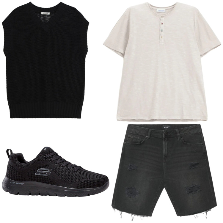 Outfit uomo - T-shirt serafino. Stile Trendy per Tutti i giorni. Abbinamento con sneakers, pantaloni corti, maglieria, t-shirt.