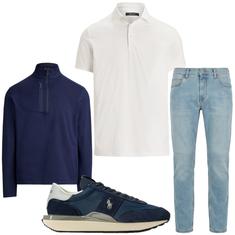 Outfit uomo - Il blu eterno. Stile Trendy per Tutti i giorni. Abbinamento con jeans slim fit, sneakers, polo, pullovers.