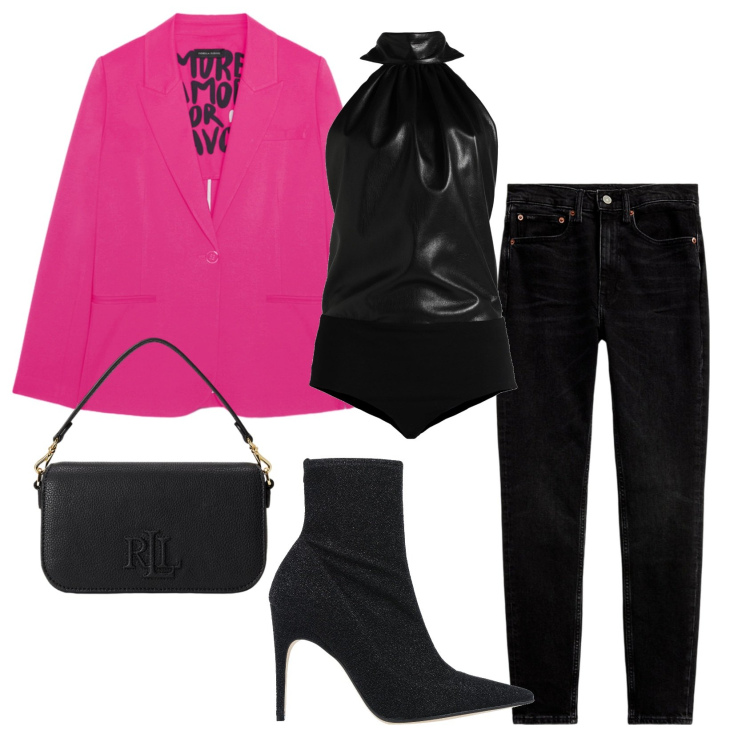 Outfit donna - Total look #2398637. Stile Rock per Serata fuori. Abbinamento con stivaletti, body, blazer, jeans slim fit, borse a spalla.