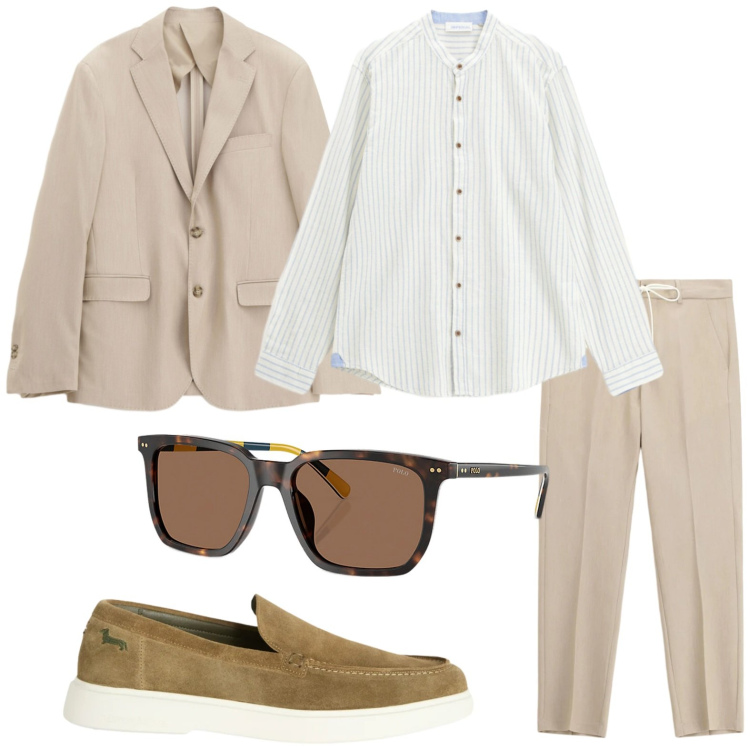 Outfit uomo - Il completo gettonato. Stile Trendy per Ufficio. Abbinamento con pantaloni, giacche, camicie, scarpe stringate, occhiali da sole.