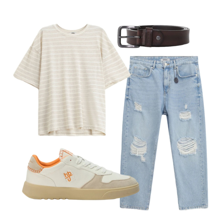 Outfit uomo - Total look #2398641. Stile Casual per Tutti i giorni. Abbinamento con t-shirt, jeans strappati, cinture, sneakers.