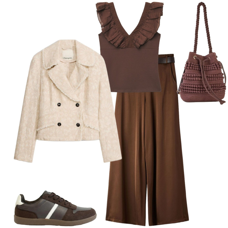 Outfit donna - Total look #2398643. Stile Casual chic per Tutti i giorni. Abbinamento con blazer, borse a secchiello, sneakers, top, pantaloni.