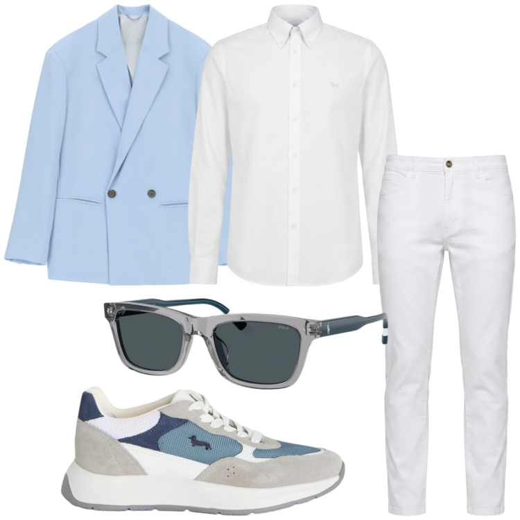 Outfit uomo - Blazer chic. Stile Trendy per Ufficio. Abbinamento con giacche, sneakers, camicie, jeans, occhiali da sole.