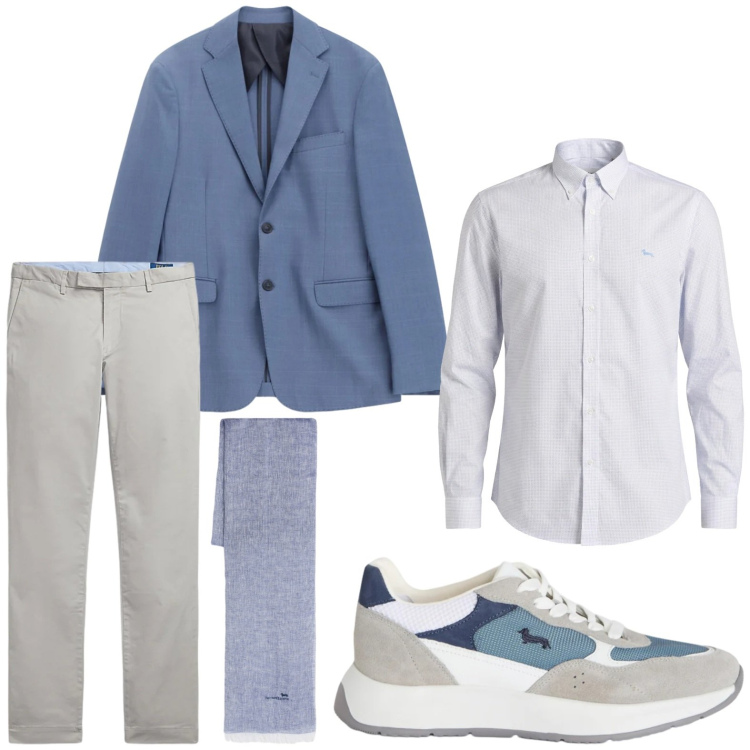 Outfit uomo - Dandy casual. Stile Casual per Ufficio. Abbinamento con giacche, sneakers, camicie, sciarpe, pantaloni.