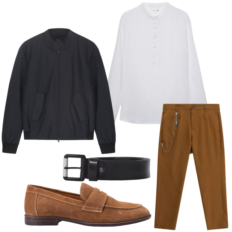 Outfit uomo - Serata primaverile. Stile Casual per Serata speciale. Abbinamento con camicie, cinture, pantaloni, bomber, scarpe stringate.
