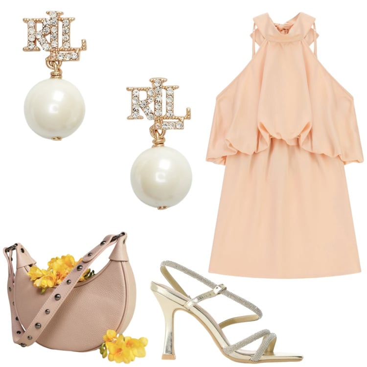 Outfit donna - Total look #2398654. Stile Romantica per Cerimonia. Abbinamento con sandali col tacco, borse a spalla, vestiti corti, orecchini.