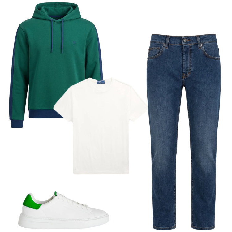 Outfit uomo - Total look #2398661. Stile Urban per Tutti i giorni. Abbinamento con jeans, felpe con cappuccio, sneakers, t-shirt.