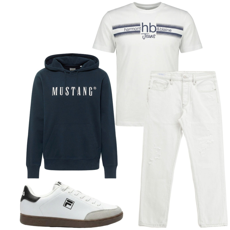 Outfit uomo - Total look #2398662. Stile Trendy per Tutti i giorni. Abbinamento con felpe con cappuccio, sneakers, jeans dritti, t-shirt.