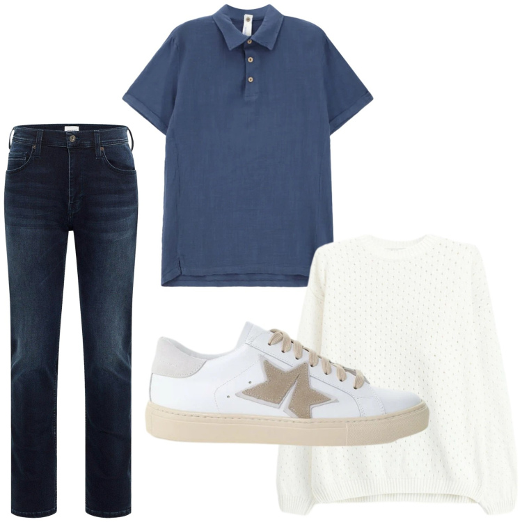 Outfit uomo - Polo protagonista. Stile Trendy per Tutti i giorni. Abbinamento con jeans slim fit, polo, maglieria, sneakers.