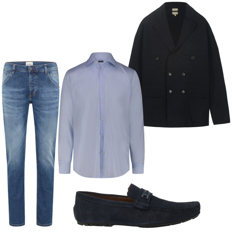 Outfit uomo - Jeans e blazer. Stile Casual per Tutti i giorni. Abbinamento con jeans dritti, scarpe stringate, cardigans, camicie.