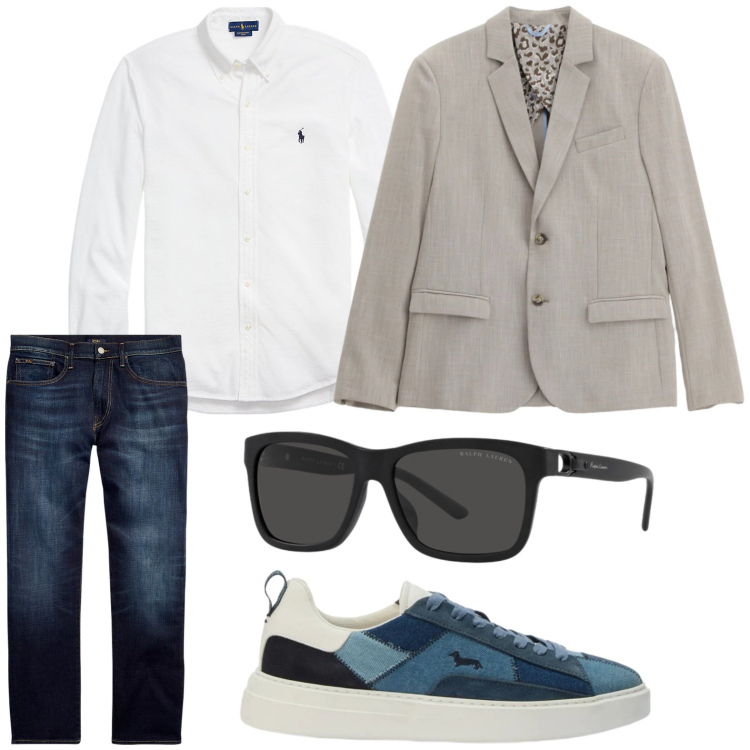 Outfit uomo - Blazer all day. Stile Trendy per Tutti i giorni. Abbinamento con giacche, sneakers, jeans dritti, camicie, occhiali da sole.