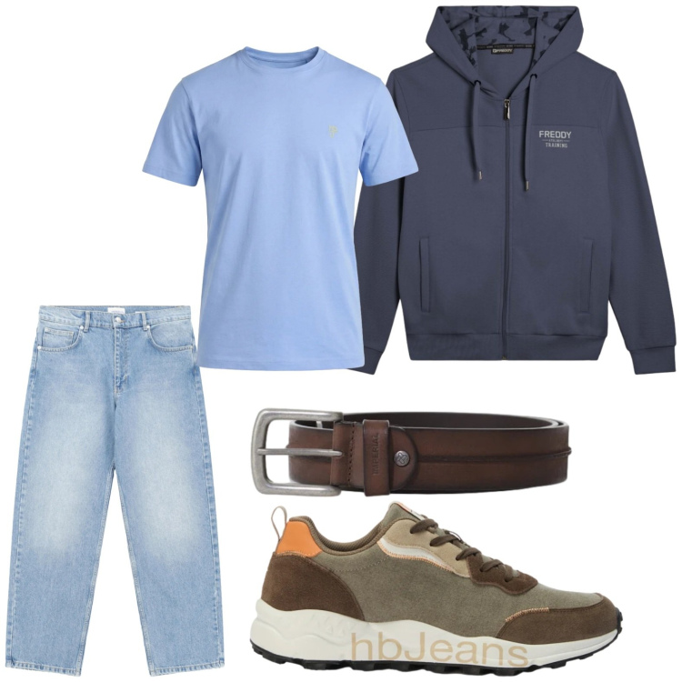 Outfit uomo - Sportivo glam. Stile Trendy per Tutti i giorni. Abbinamento con jeans, cinture, t-shirt, sneakers, felpe con cappuccio.