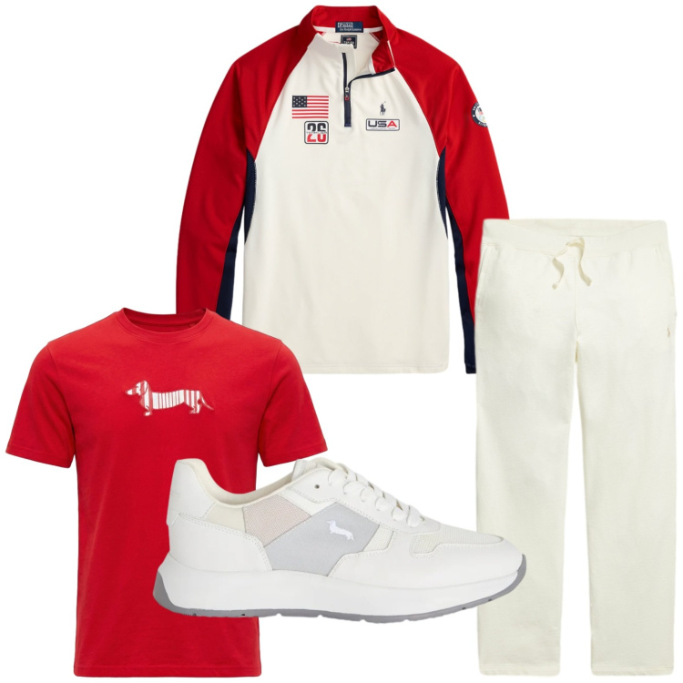 Outfit uomo - Rosso e bianco. Stile Trendy per Tutti i giorni. Abbinamento con sneakers, t-shirt, pullovers, pantaloni.