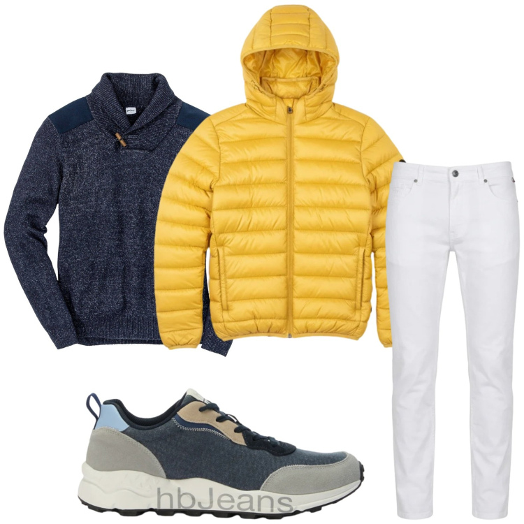 Outfit uomo - Touch yellow. Stile Trendy per Tutti i giorni. Abbinamento con maglieria, pantaloni, sneakers, bomber.