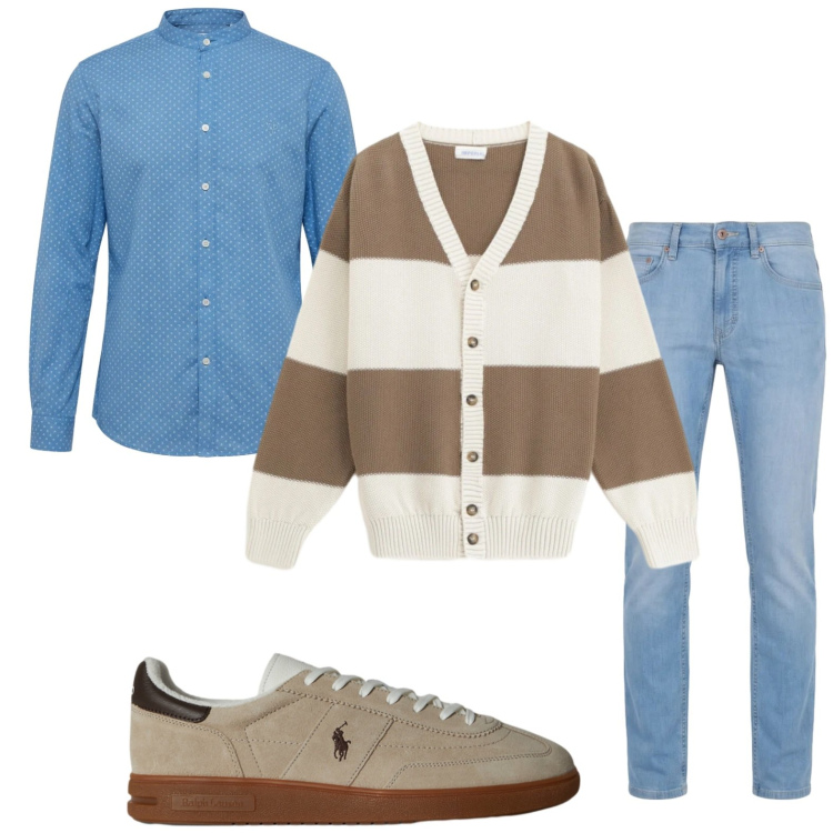 Outfit uomo - Righe. Stile Casual per Tutti i giorni. Abbinamento con cardigans, jeans, camicie, sneakers.