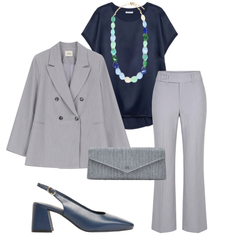 Outfit donna - Total look #2398688. Stile Chic per Cerimonia. Abbinamento con décolleté, pantaloni, pochette, blazer, bluse, collane.