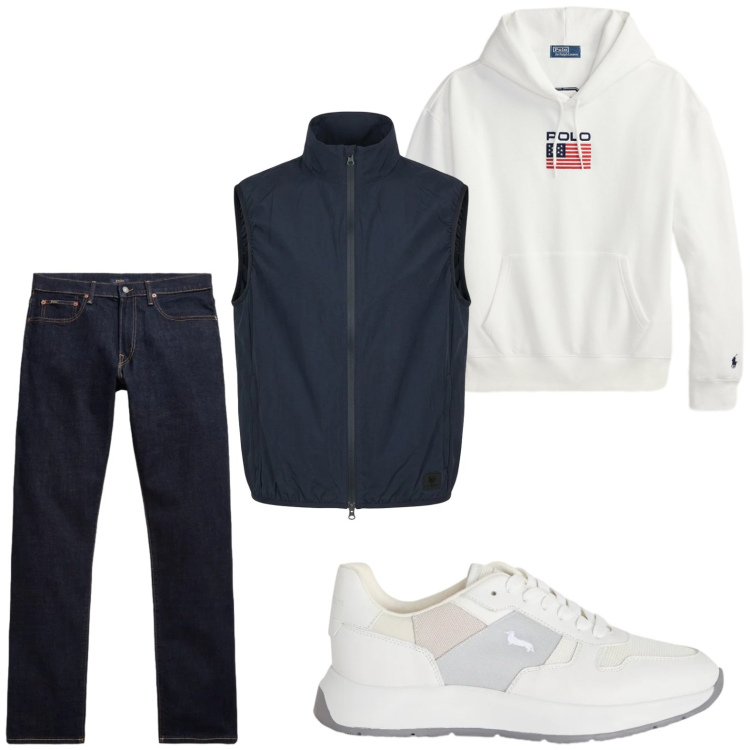 Outfit uomo - Sportivo. Stile Trendy per Tutti i giorni. Abbinamento con sneakers, jeans, felpe con cappuccio, gilet.