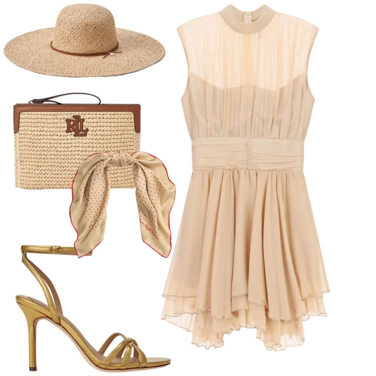 Outfit donna - Imperial minimal chic. Stile Chic per Cerimonia. Abbinamento con vestiti corti, sandali in pelle, foulard, cappelli, pochette.