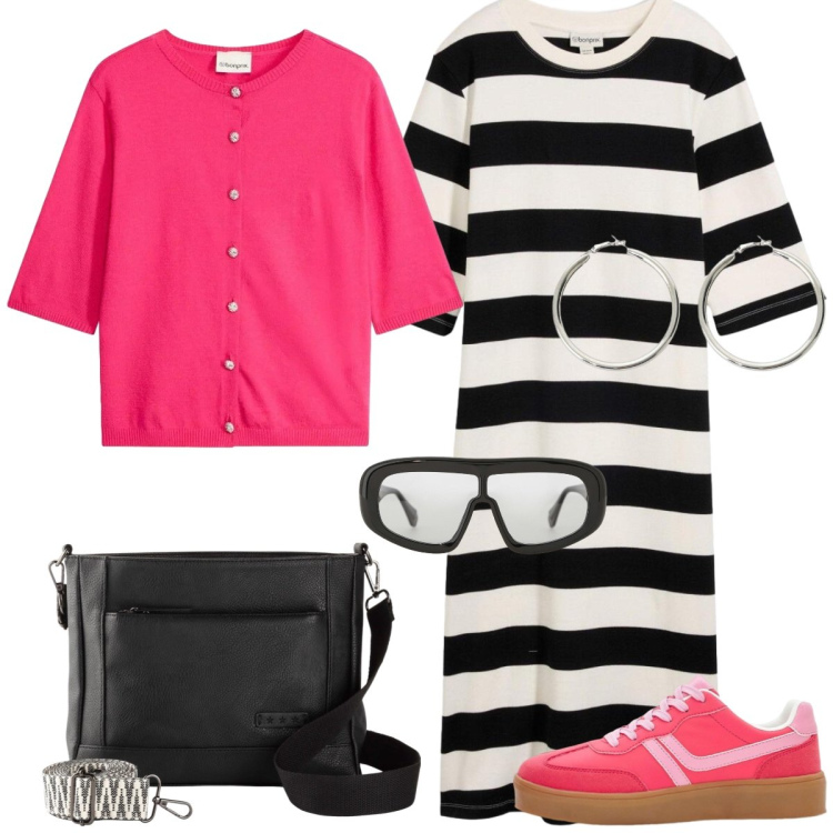 Outfit donna - Righe. Stile Sporty chic per Tutti i giorni. Abbinamento con borse a tracolla, sneakers, cardigans, vestiti, occhiali da sole, orecchini.