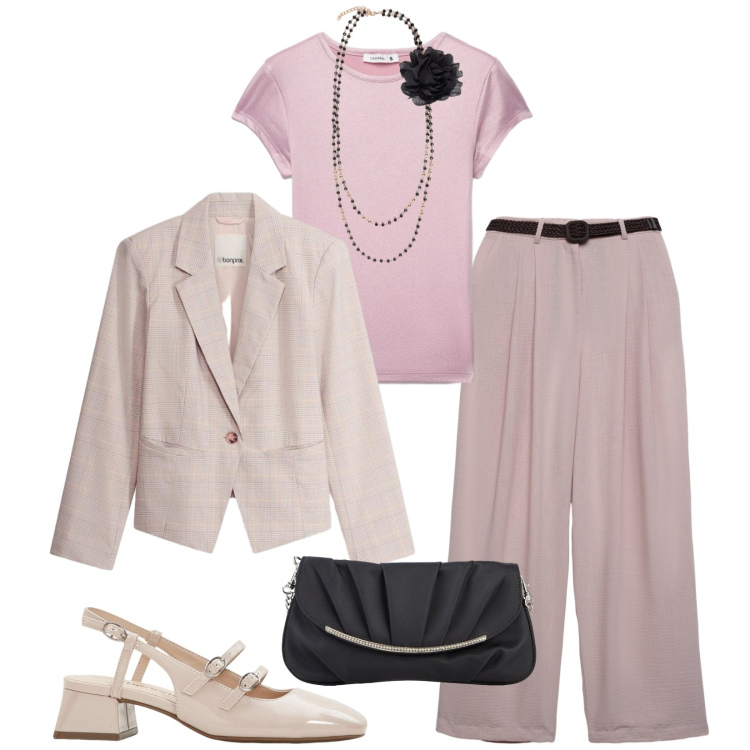 Outfit donna - Total look #2398703. Stile Chic per Cerimonia. Abbinamento con décolleté, blazer, clutch, pantaloni, t-shirt, collane.