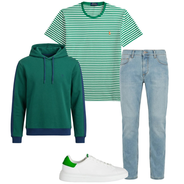 Outfit uomo - Total look #2398704. Stile Trendy per Tutti i giorni. Abbinamento con jeans slim fit, felpe con cappuccio, sneakers, t-shirt.