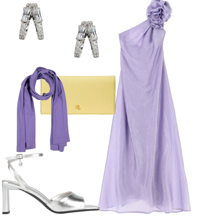 Outfit donna - Abito con fiori su schiena nuda. Stile Glamour per Cerimonia. Abbinamento con sandali col tacco, sciarpe, vestiti lunghi, orecchini, portafogli.