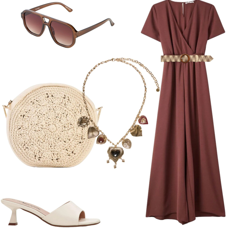 Outfit donna - Tutti i giorni. Stile Casual chic per Tutti i giorni. Abbinamento con ciabatte, borse a tracolla, occhiali da sole, vestiti lunghi, cinture, collane.