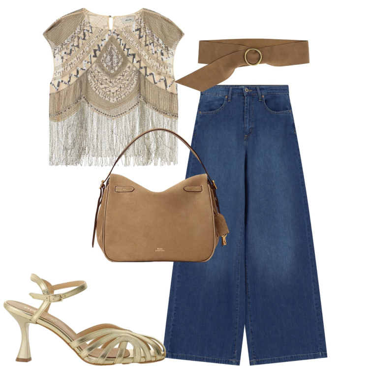 Outfit donna - Il top per la sera. Stile Casual chic per Serata fuori. Abbinamento con top, cinture, sandali col tacco, jeans, borse a mano.