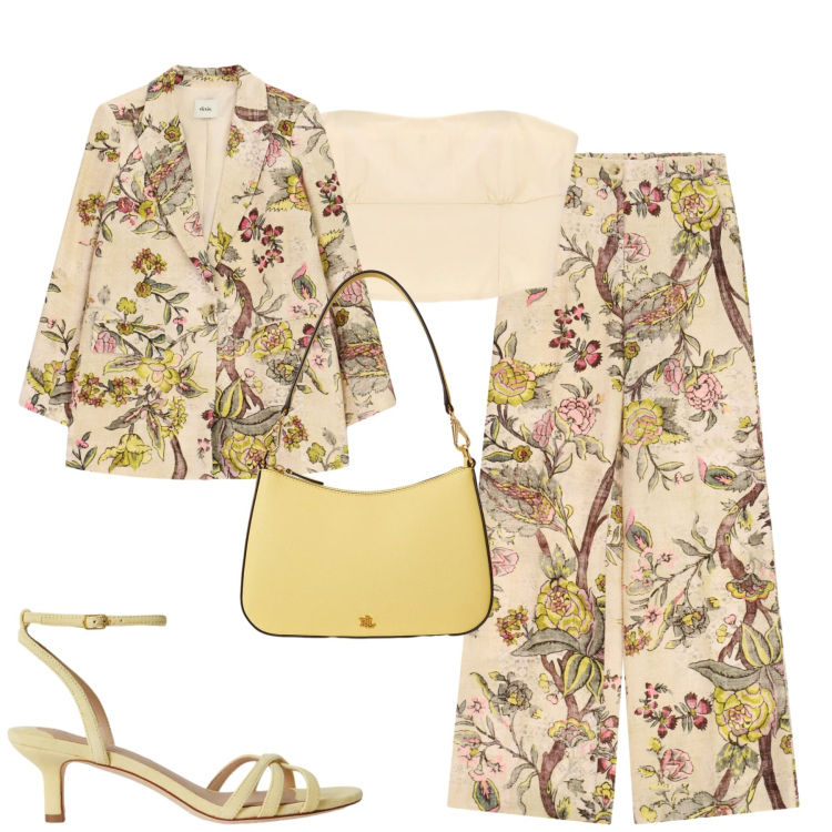 Outfit donna - Glam. Stile Glamour per Serata fuori. Abbinamento con blazer, pantaloni a palazzo, top, borse a spalla, sandali col tacco.