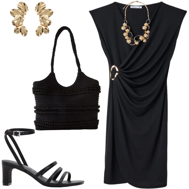 Outfit donna - Serata quasi...estiva. Stile Casual chic per Serata fuori. Abbinamento con shopping bag, sandali col tacco, vestiti corti, orecchini, collane.