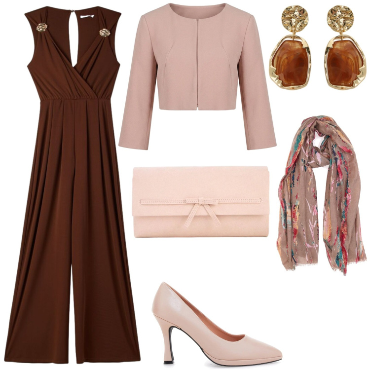 Outfit donna - Cerimonia in tuta. Stile Chic per Cerimonia. Abbinamento con pochette, tute, bolero, orecchini, décolleté, foulard.