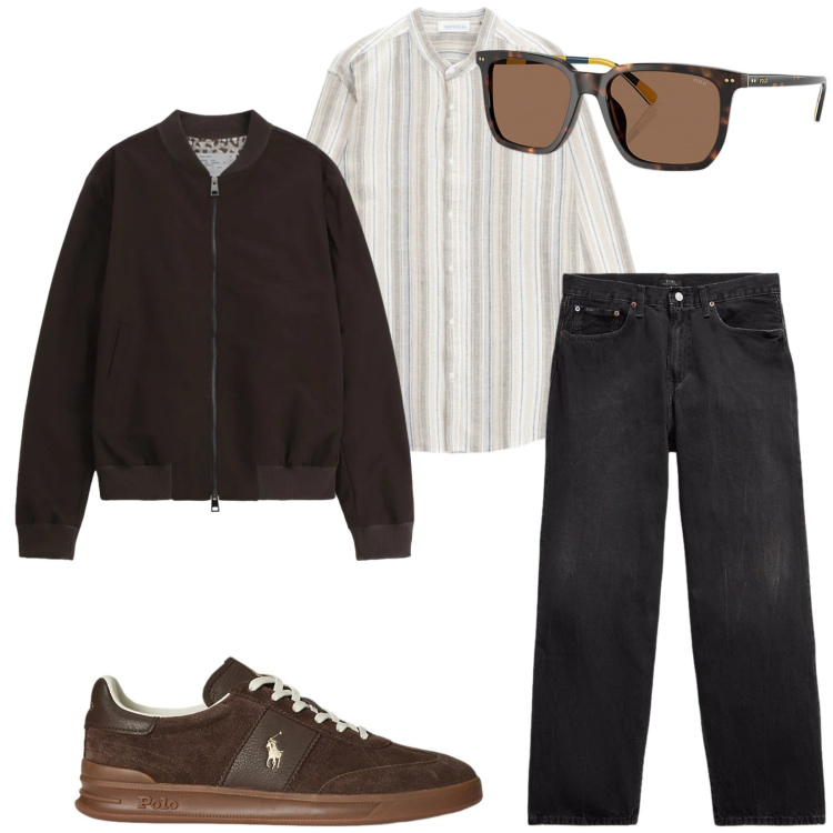 Outfit uomo - Total look #2398721. Stile Trendy per Tutti i giorni. Abbinamento con camicie, bomber, sneakers, jeans, occhiali da sole.