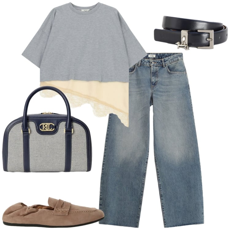Outfit donna - Maggio. Stile Casual per Tutti i giorni. Abbinamento con cinture, jeans, t-shirt, mocassini, borse a mano.