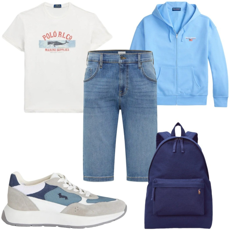 Outfit uomo - Total look #2398731. Stile Casual per Tutti i giorni. Abbinamento con bermuda, sneakers, borse sportive, felpe con cappuccio, t-shirt.