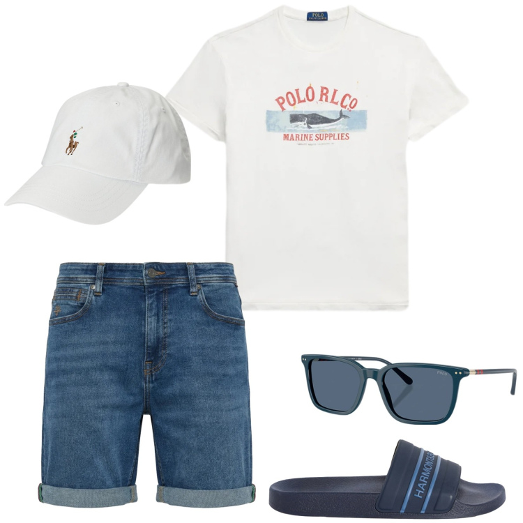 Outfit uomo - Gelato in spiaggia. Stile Casual per Mare. Abbinamento con sandali, bermuda, cappelli, occhiali da sole, t-shirt.