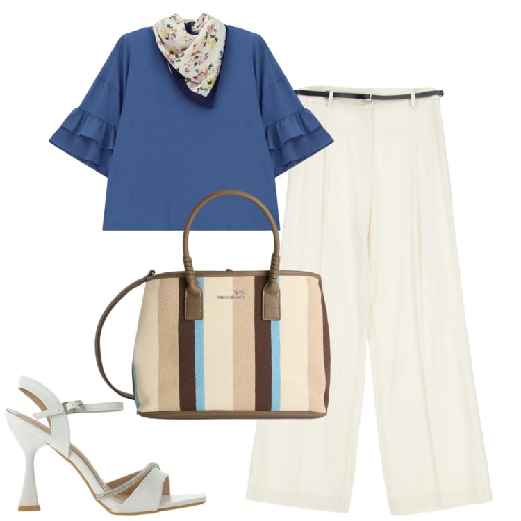 Outfit donna - City. Stile Urban per Tutti i giorni. Abbinamento con shopping bag, top, pantaloni a palazzo, sandali gioiello.