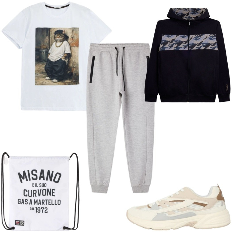 Outfit uomo - Total look #2398735. Stile Trendy per Sport. Abbinamento con borse sportive, sneakers, pantaloni, t-shirt, felpe con cappuccio.
