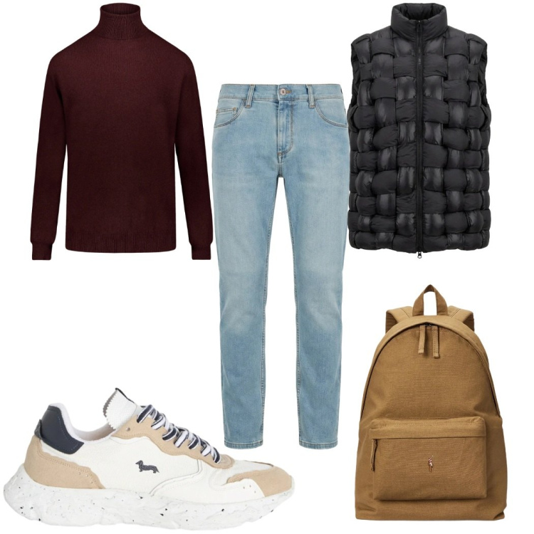Outfit uomo - Total look #2398738. Stile Casual per Tutti i giorni. Abbinamento con jeans slim fit, sneakers, maglieria, borse sportive, gilet.