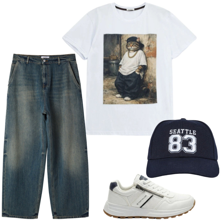 Outfit uomo - La t-shirt must have. Stile Urban per Tutti i giorni. Abbinamento con sneakers, cappelli, jeans, t-shirt.
