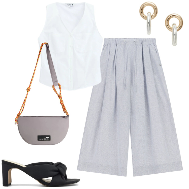Outfit donna - City. Stile Urban per Tutti i giorni. Abbinamento con borse a tracolla, pantaloni a palazzo, camicie, orecchini, sandali col tacco.