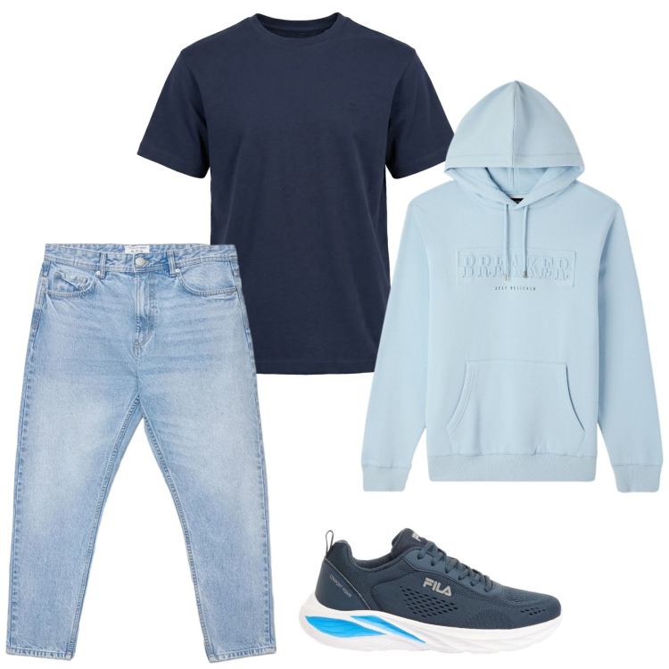 Outfit uomo - Blu e azzurro. Stile Casual per Tutti i giorni. Abbinamento con sneakers, felpe con cappuccio, jeans, t-shirt.