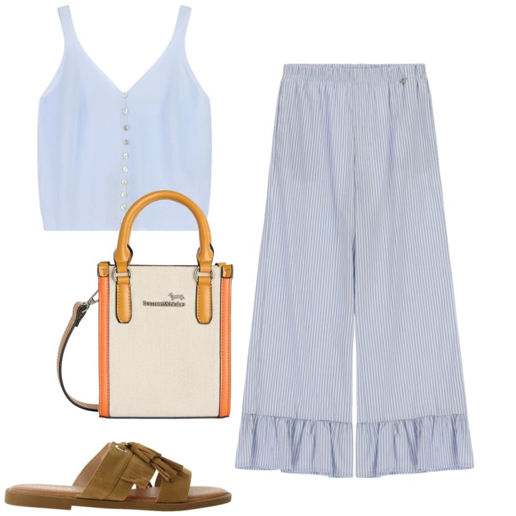 Outfit donna - City. Stile Romantica per Tutti i giorni. Abbinamento con borse tote, top, sandali, pantaloni a palazzo.
