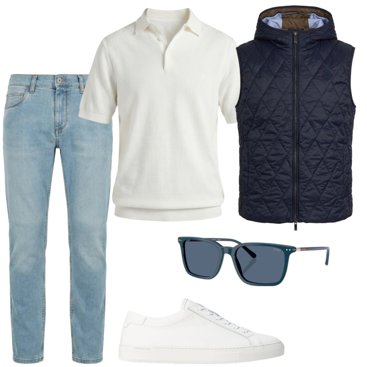 Outfit uomo - Semplicemente cosi. Stile Casual per Tutti i giorni. Abbinamento con jeans slim fit, piumini, polo, sneakers, occhiali da sole.