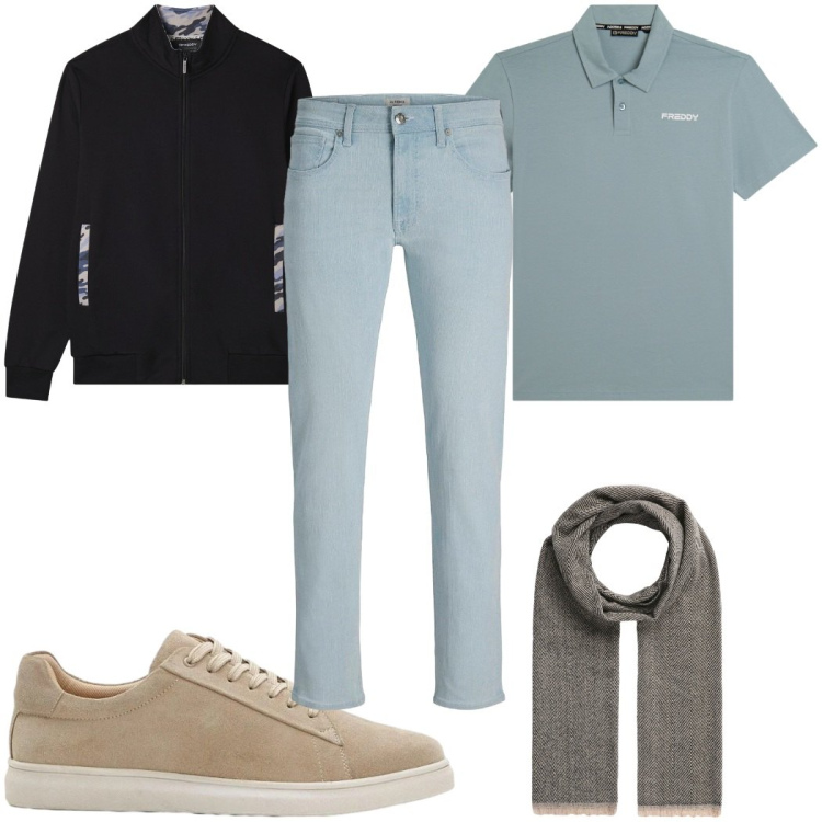 Outfit uomo - Total look #2398754. Stile Casual per Tutti i giorni. Abbinamento con jeans slim fit, sneakers, sciarpe, felpe, polo.