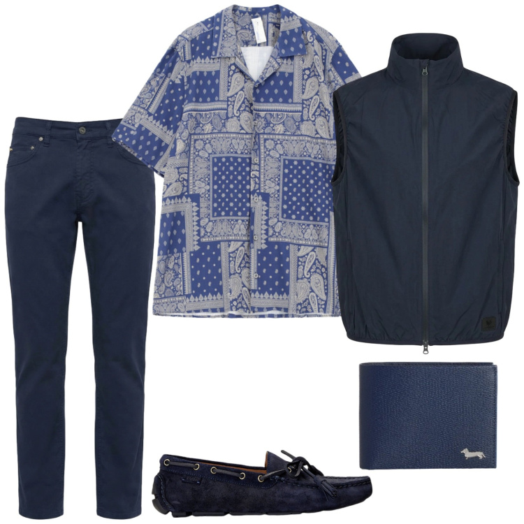 Outfit uomo - A spring night\'s dream. Stile Trendy per Serata speciale. Abbinamento con camicie a manica corta, portafogli, pantaloni, scarpe stringate, gilet.
