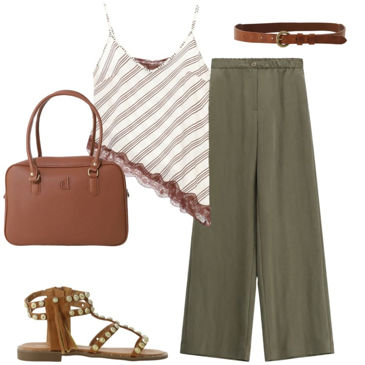 Outfit donna - City. Stile Trendy per Tutti i giorni. Abbinamento con top, pantaloni a palazzo, sandali, cappotti, cinture.