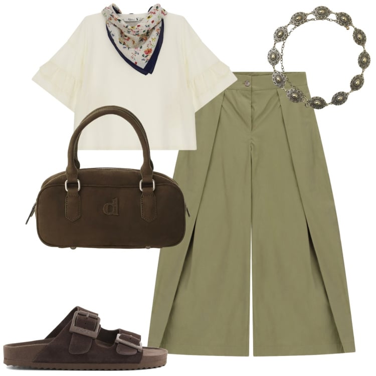 Outfit donna - City. Stile Casual chic per Tutti i giorni. Abbinamento con cinture, top, pantaloni a palazzo, cappotti, sandali in pelle.